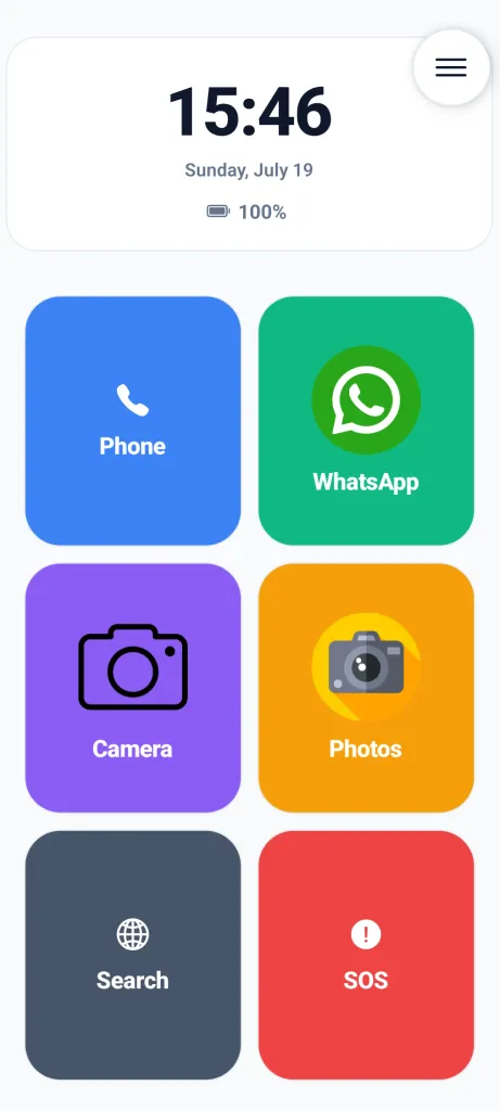 The accessible home screen with large, clear buttons and an SOS emergency call function.