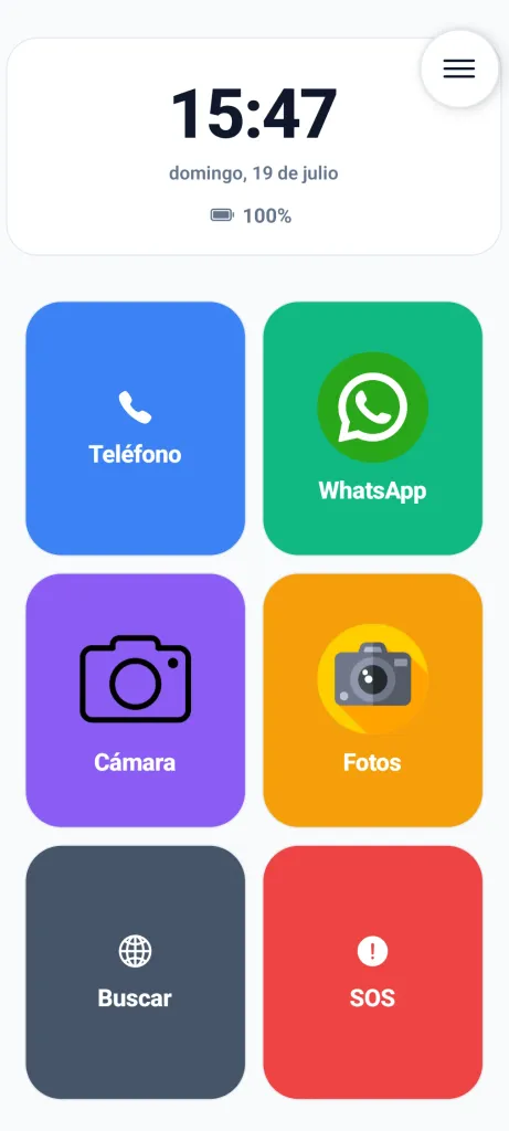 La pantalla de inicio accesible con botones grandes y claros y función de emergencia SOS.